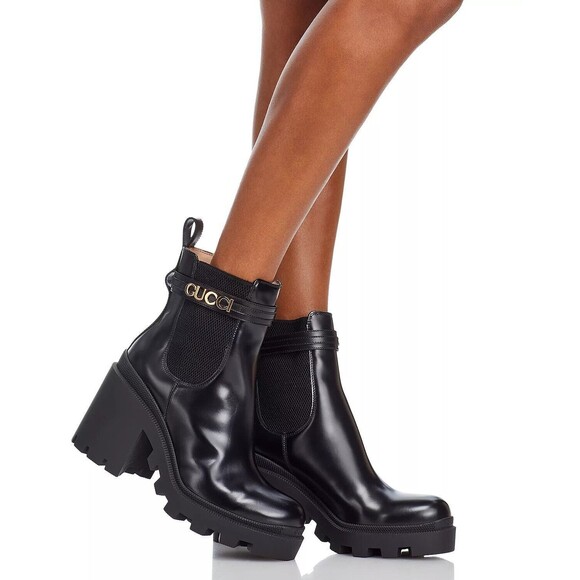 Gucci Trip Signature Logo Leather Chelsea Combat Ankle Heeled Boots Womens 38 - Picture 6 of 16